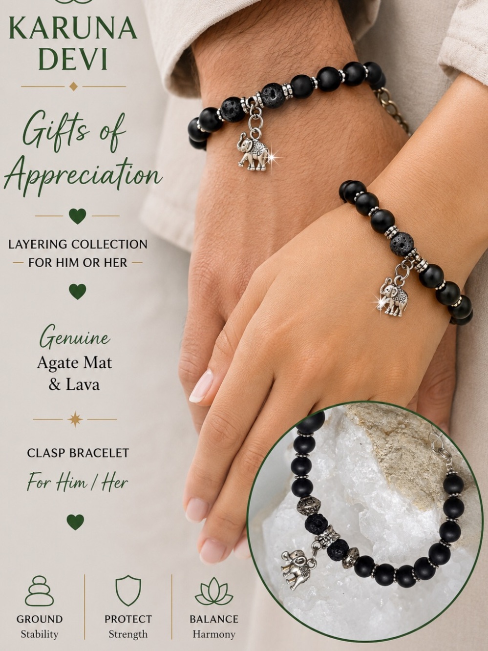 Genuine Matte Black Agate & Lava stone Beaded Bracelet